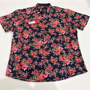 BC Collection Mens Floral Rose Print Short Sleeve Button Down Shirt Navy 3XL NEW